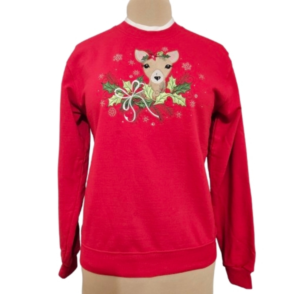 Country‎ Store Red Reindeer Christmas Sweatshirt Small Embroidered Snowflakes